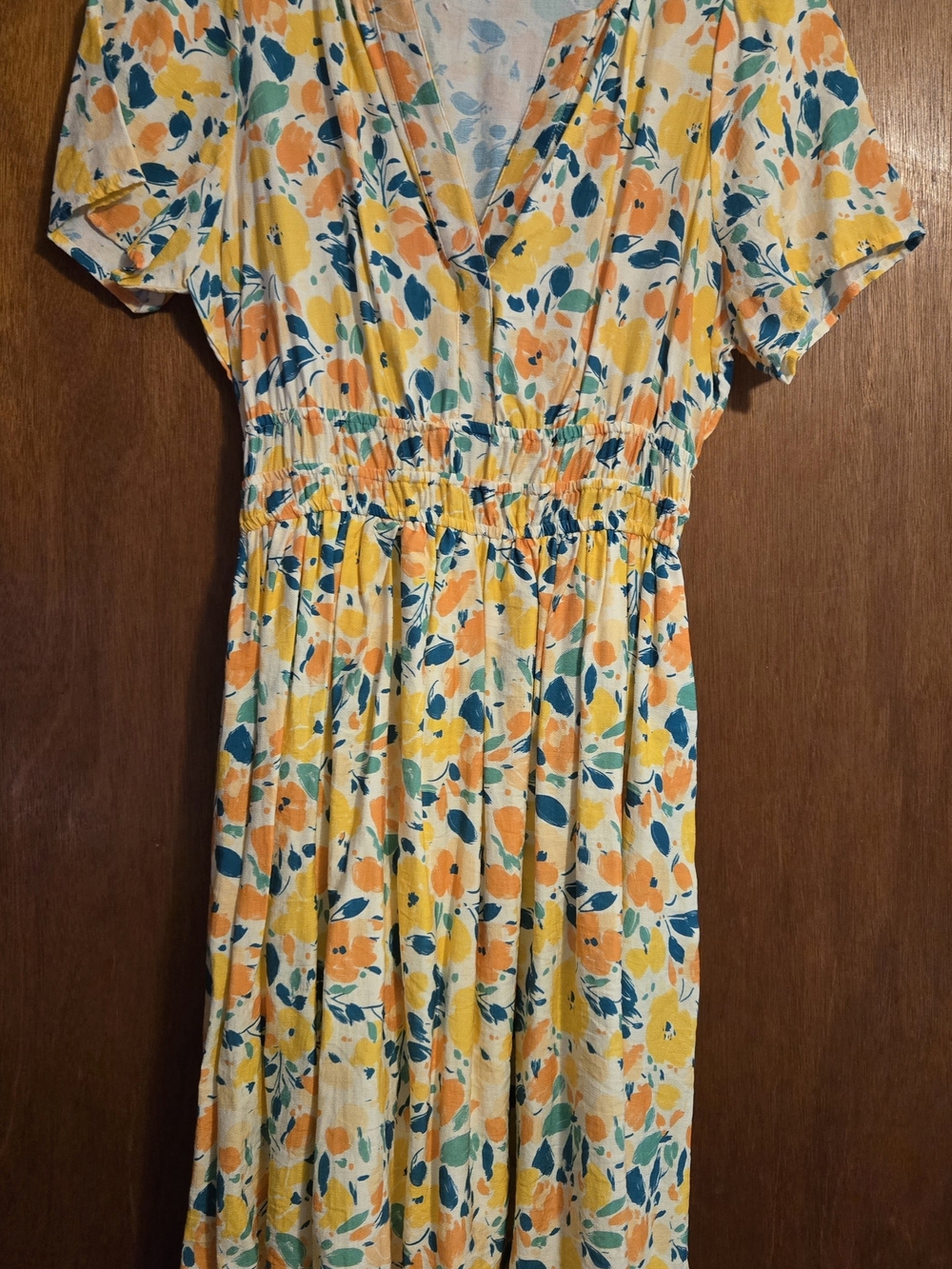 Floral V-Neck Summer Dress in Yellow, Orange & Teal